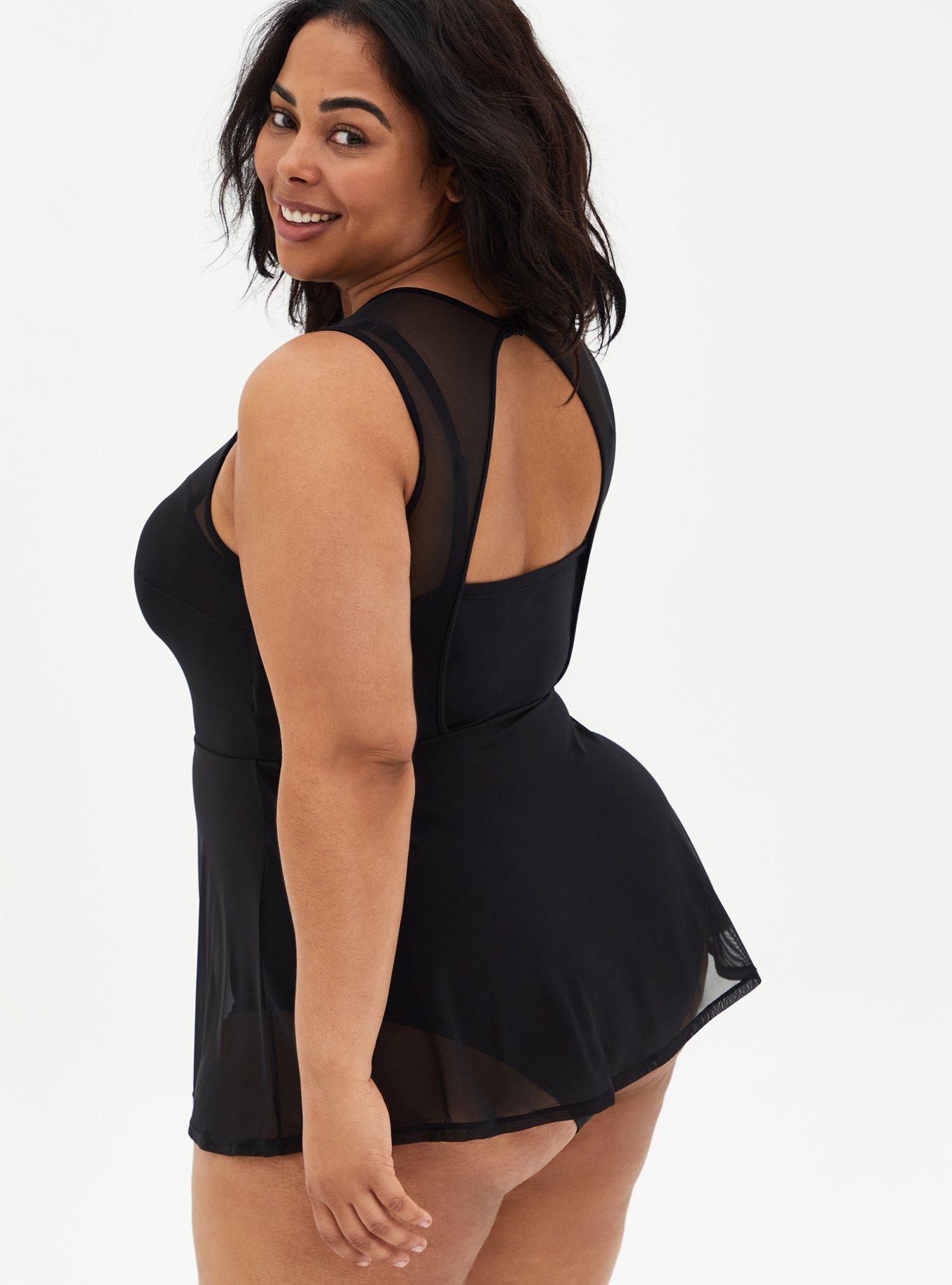 Plus Size - Underwire Short Mesh Overlay Swim Dress With Brief