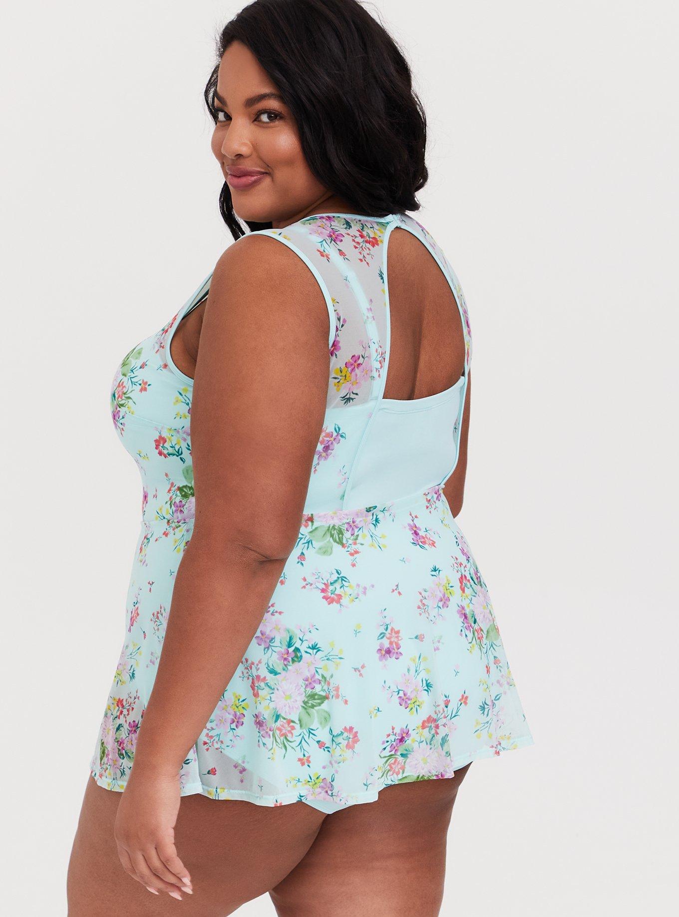 Plus Size Underwire Short Mesh Overlay Swim Dress With Brief, MINT FLORAL, alternate