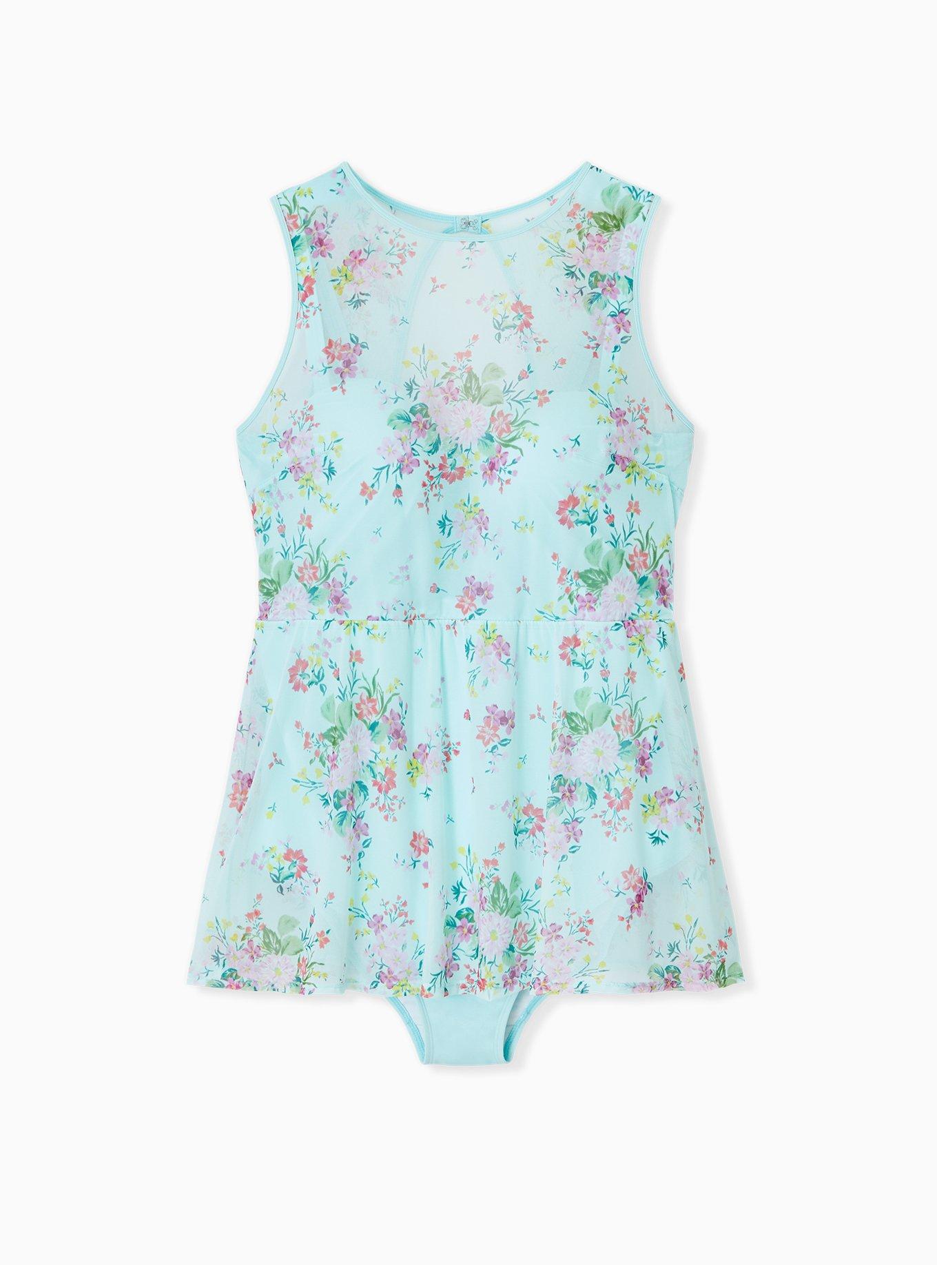 Plus Size Underwire Short Mesh Overlay Swim Dress With Brief, MINT FLORAL, alternate