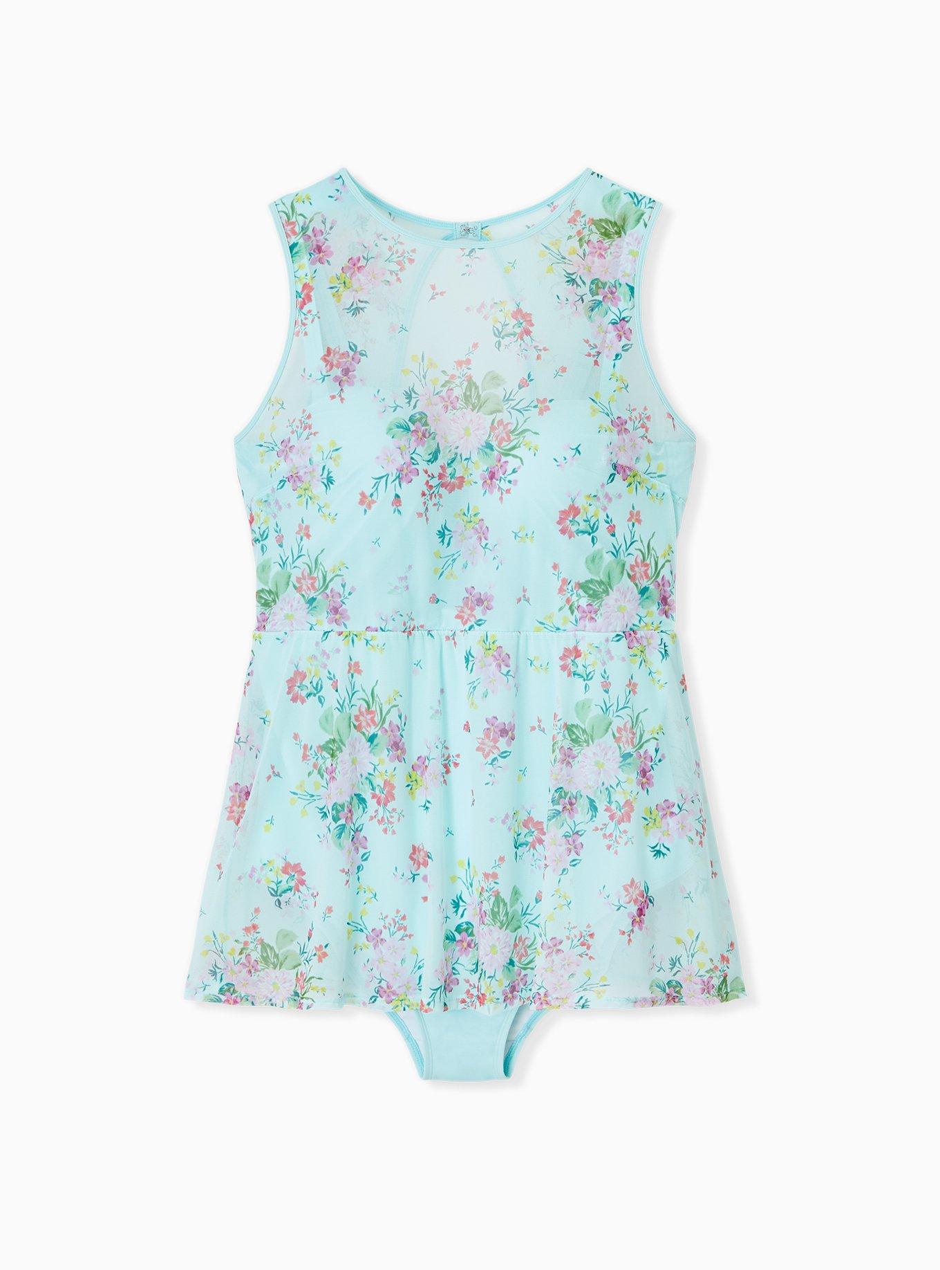 Plus Size Underwire Short Mesh Overlay Swim Dress With Brief, MINT FLORAL, hi-res