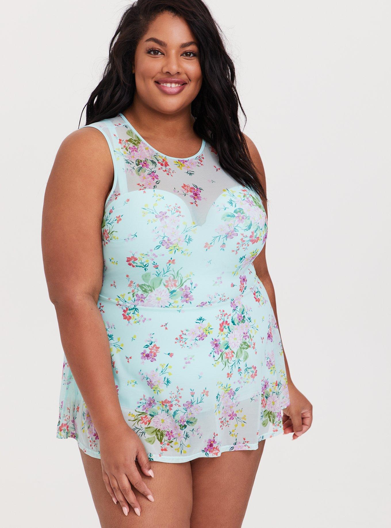 Plus Size Underwire Short Mesh Overlay Swim Dress With Brief, MINT FLORAL, hi-res
