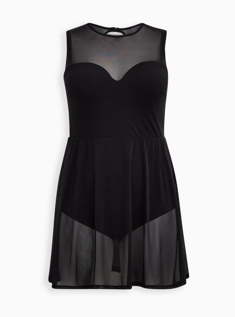Plus Size Underwire Long Mesh Overlay Swim Dress With Brief, DEEP BLACK, hi-res