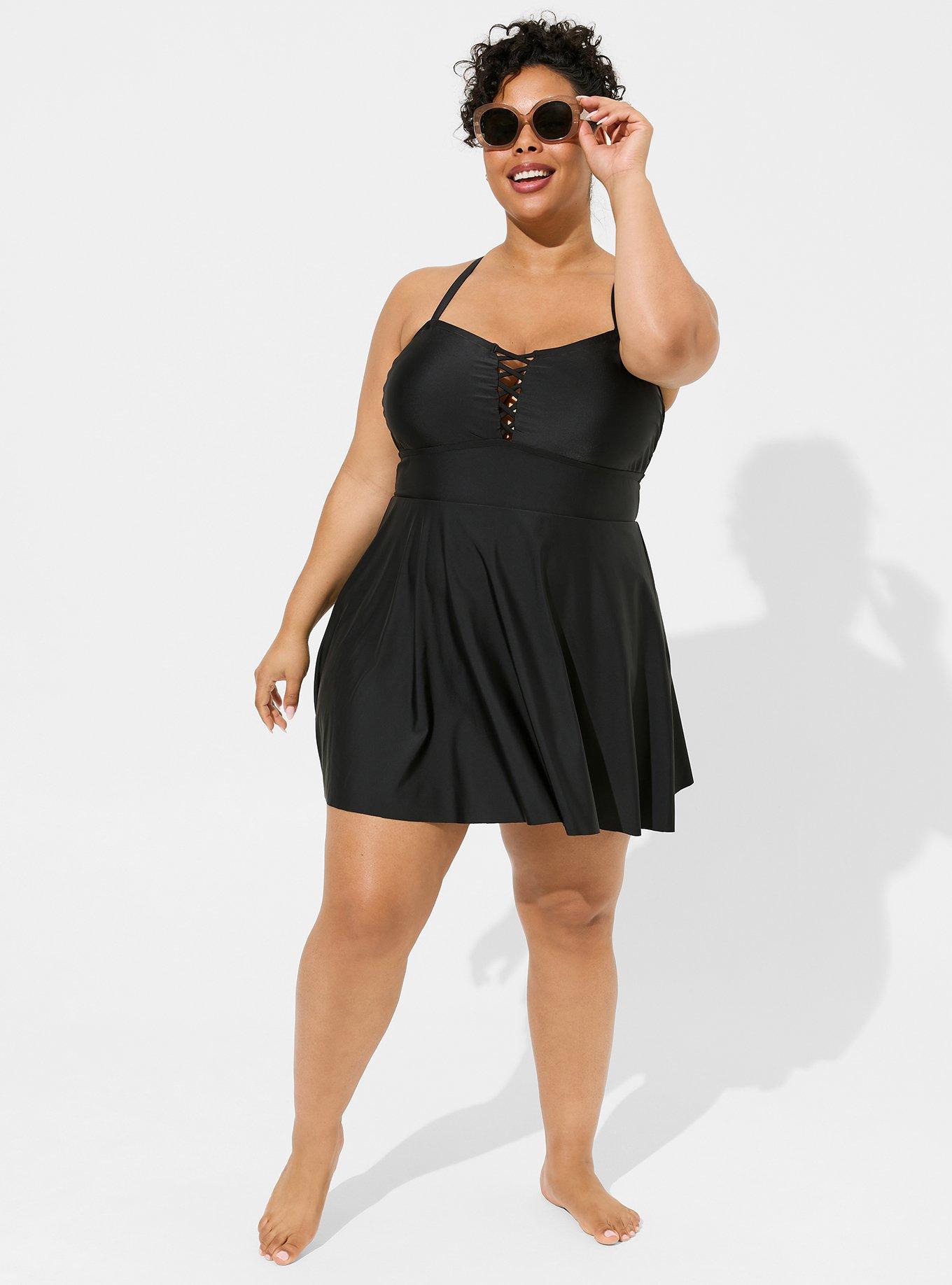 Plus Size - Wireless Long Lattice Front Swim Dress With Brief - Torrid