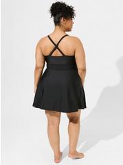 Plus Size Wireless Long Lattice Front Swim Dress With Brief, BLACK, alternate