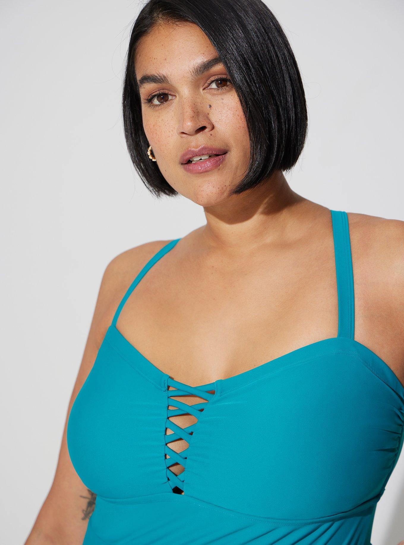 Plus Size - Wireless Long Lattice Front Swim Dress With Brief - Torrid