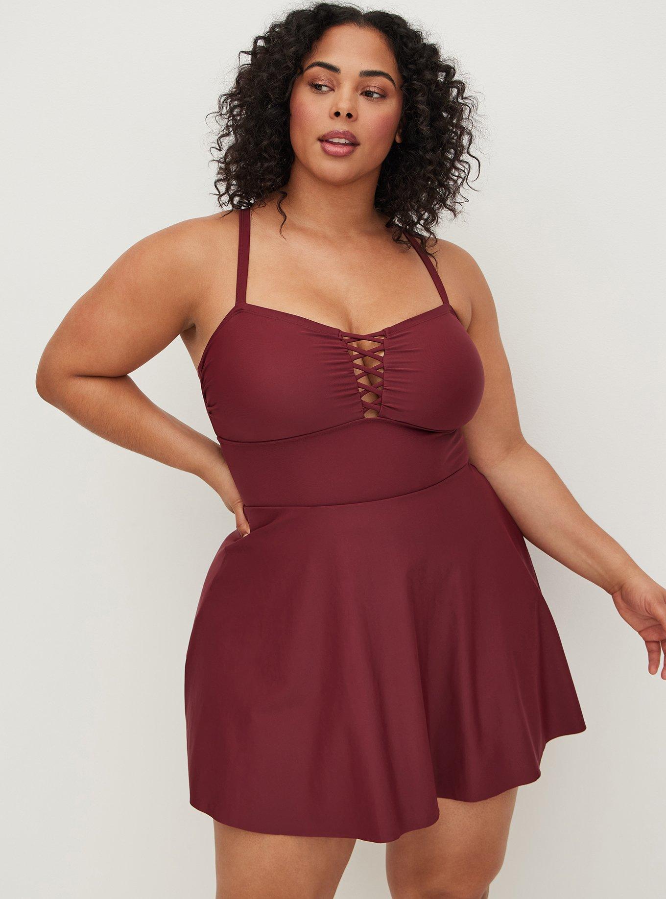 Plus Size - Wireless Long Lattice Front Swim Dress With Brief - Torrid