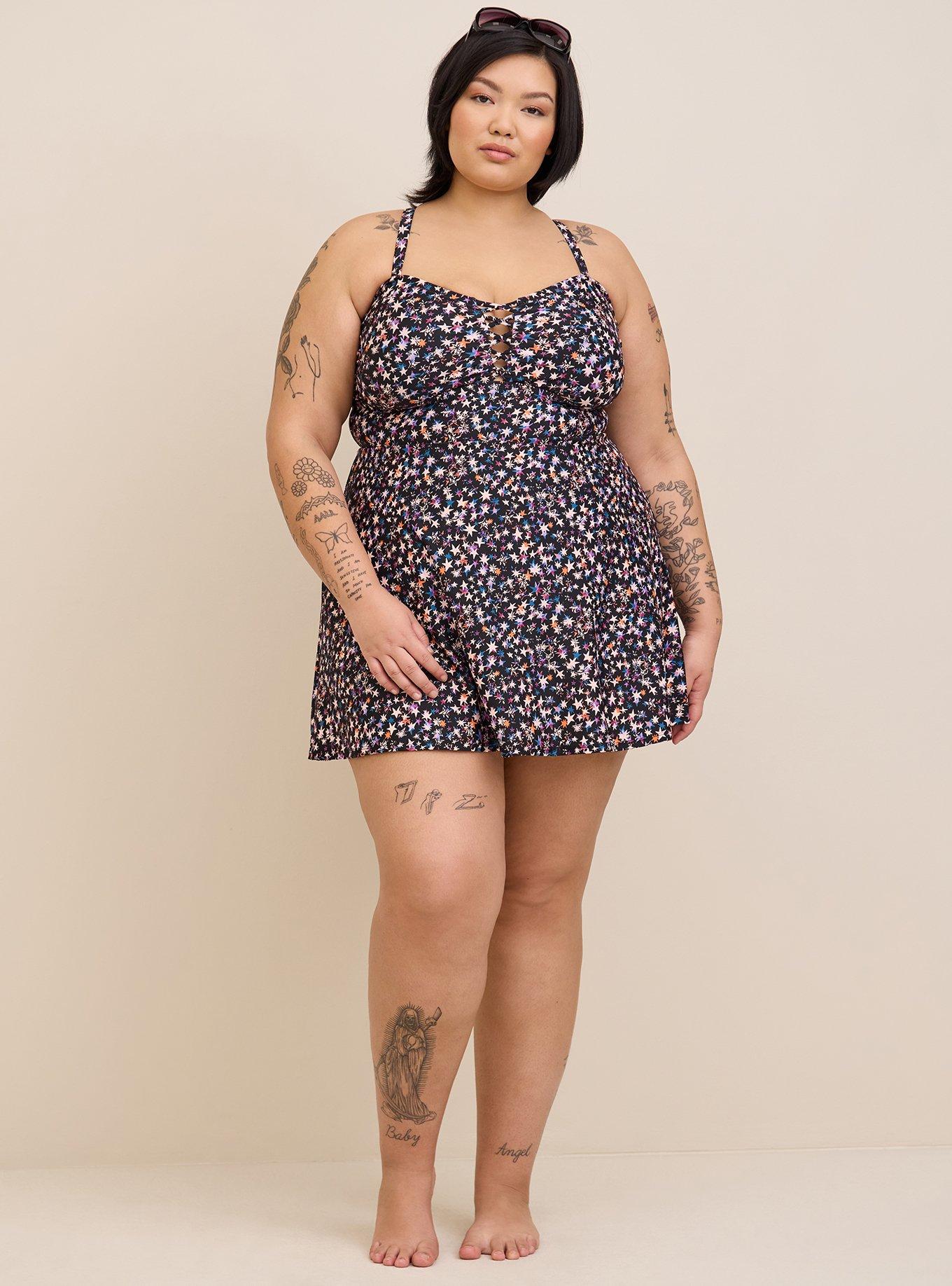 Wireless Long Lattice Front Swim Dress With Brief, SCATTERED STARLIGHT BLACK, alternate
