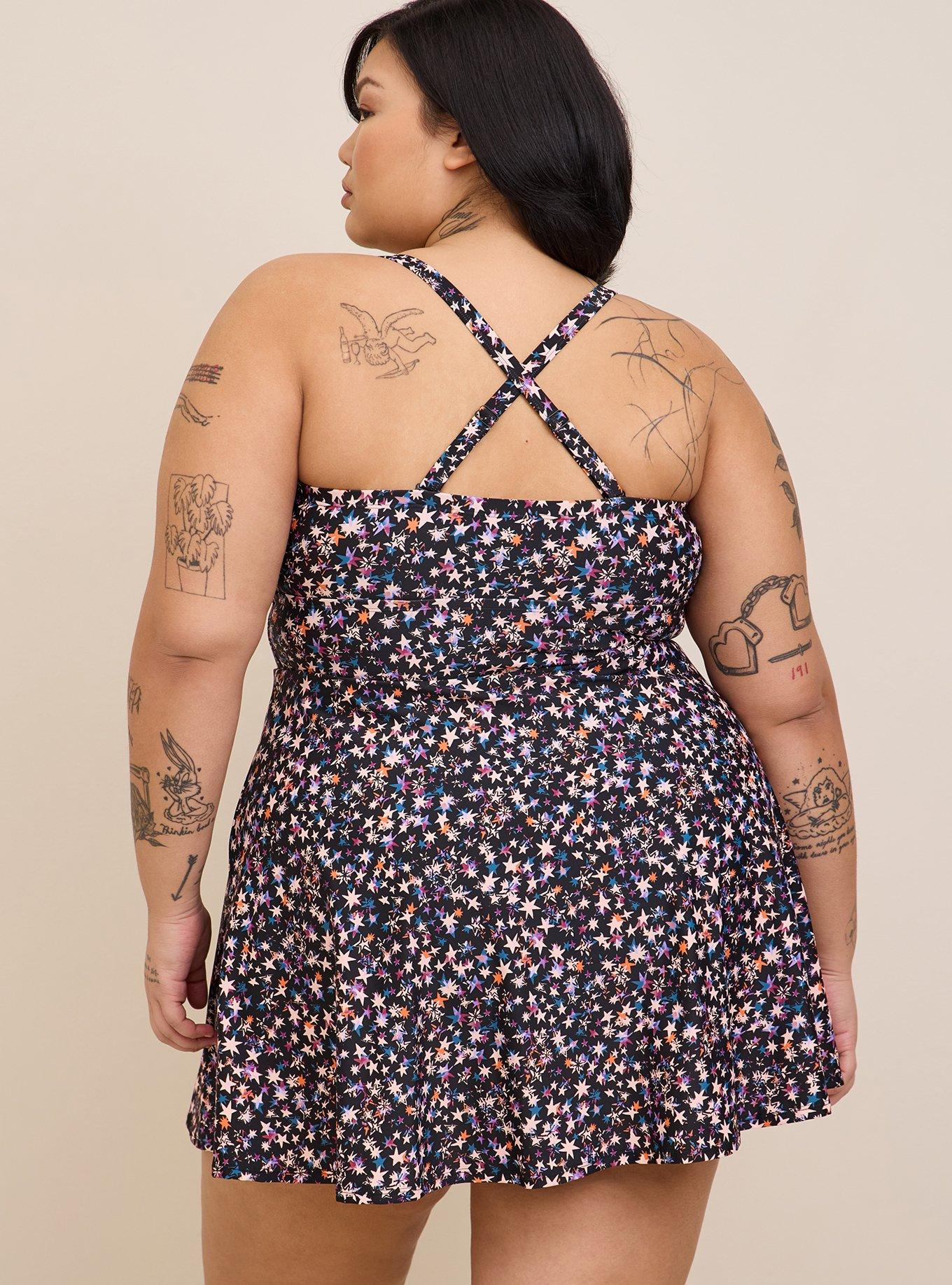 Wireless Long Lattice Front Swim Dress With Brief, SCATTERED STARLIGHT BLACK, alternate