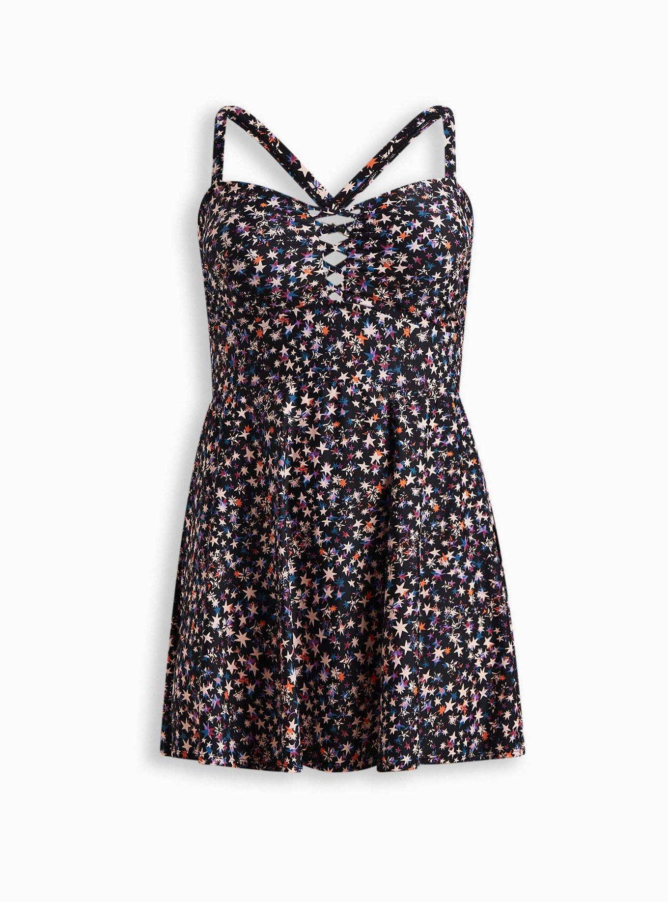 Wireless Long Lattice Front Swim Dress With Brief, SCATTERED STARLIGHT BLACK, hi-res