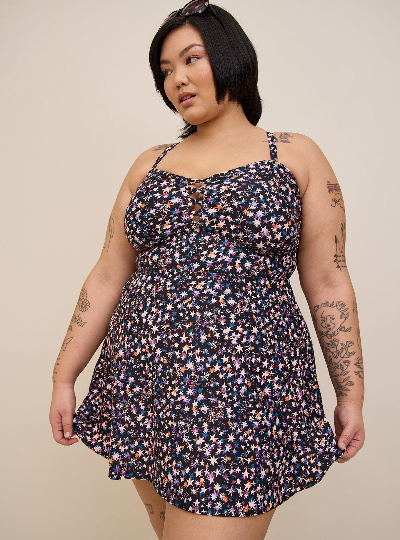 Wireless Long Lattice Front Swim Dress With Brief, SCATTERED STARLIGHT BLACK, hi-res