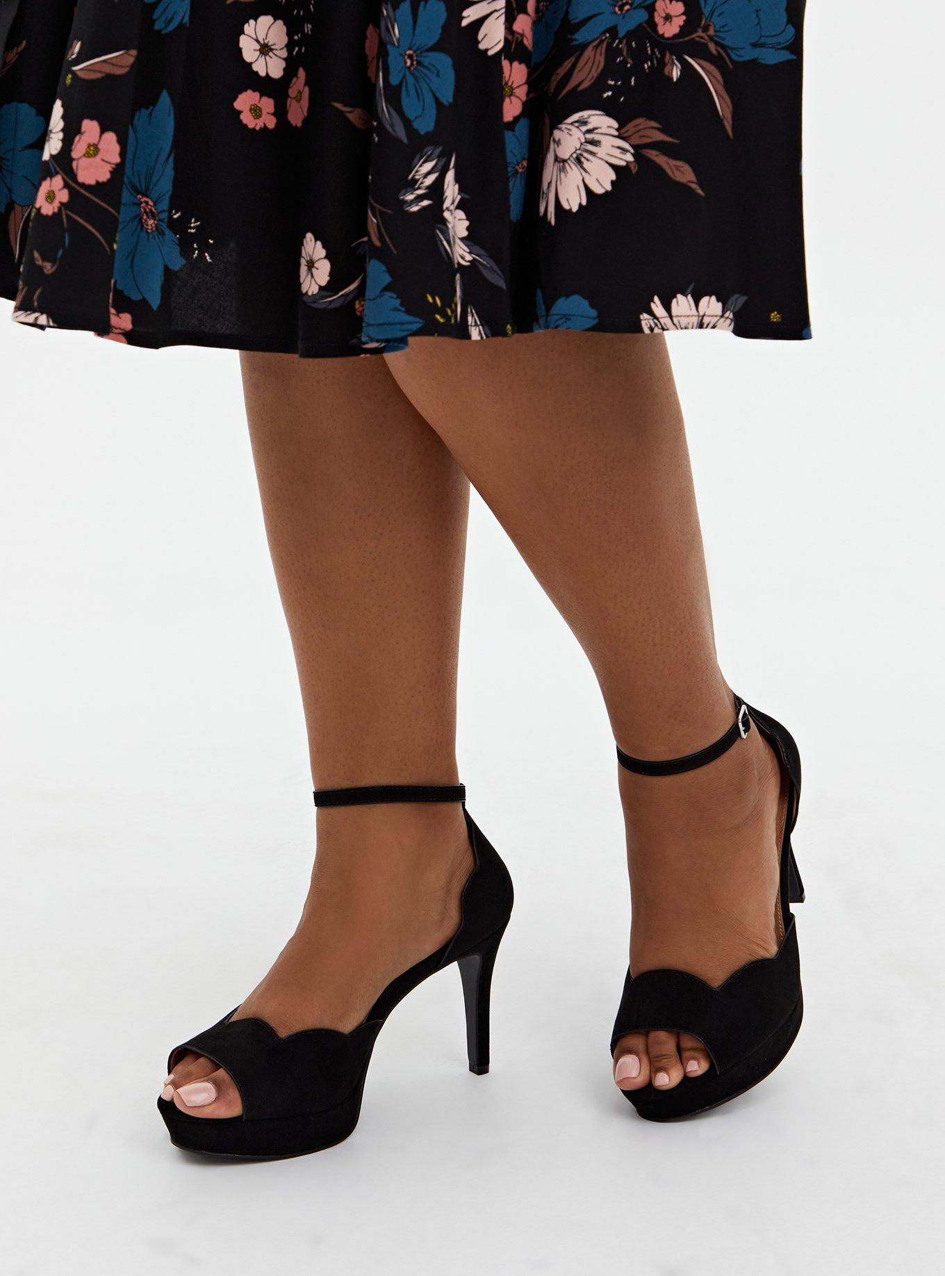 Plus Size - Black Faux Suede Scalloped Peep Toe Platform Heel (WW