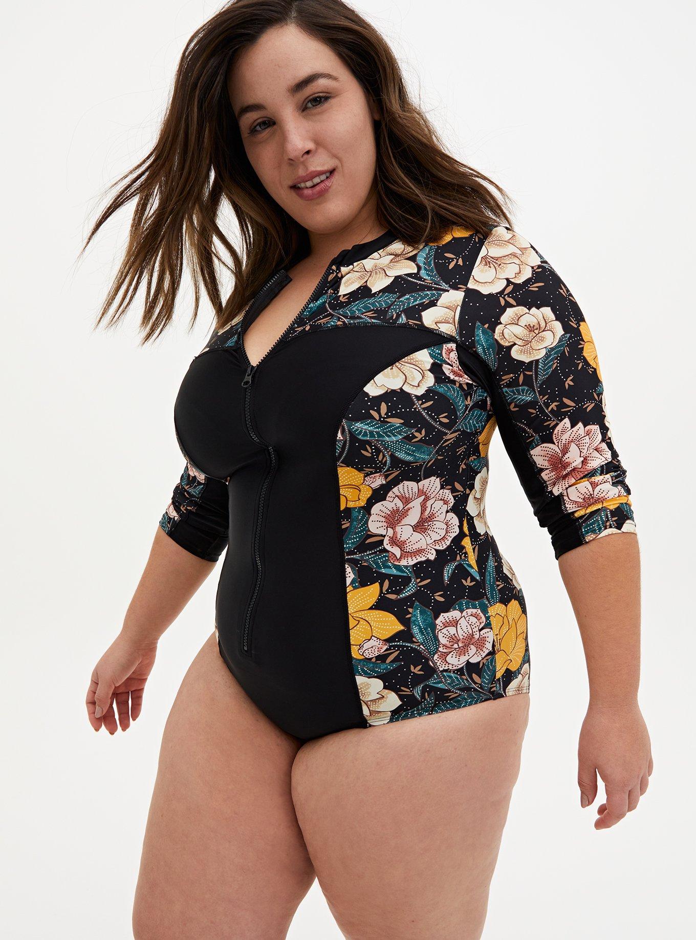 Plus Size - Active Wireless Long Sleeve Rashguard One Piece