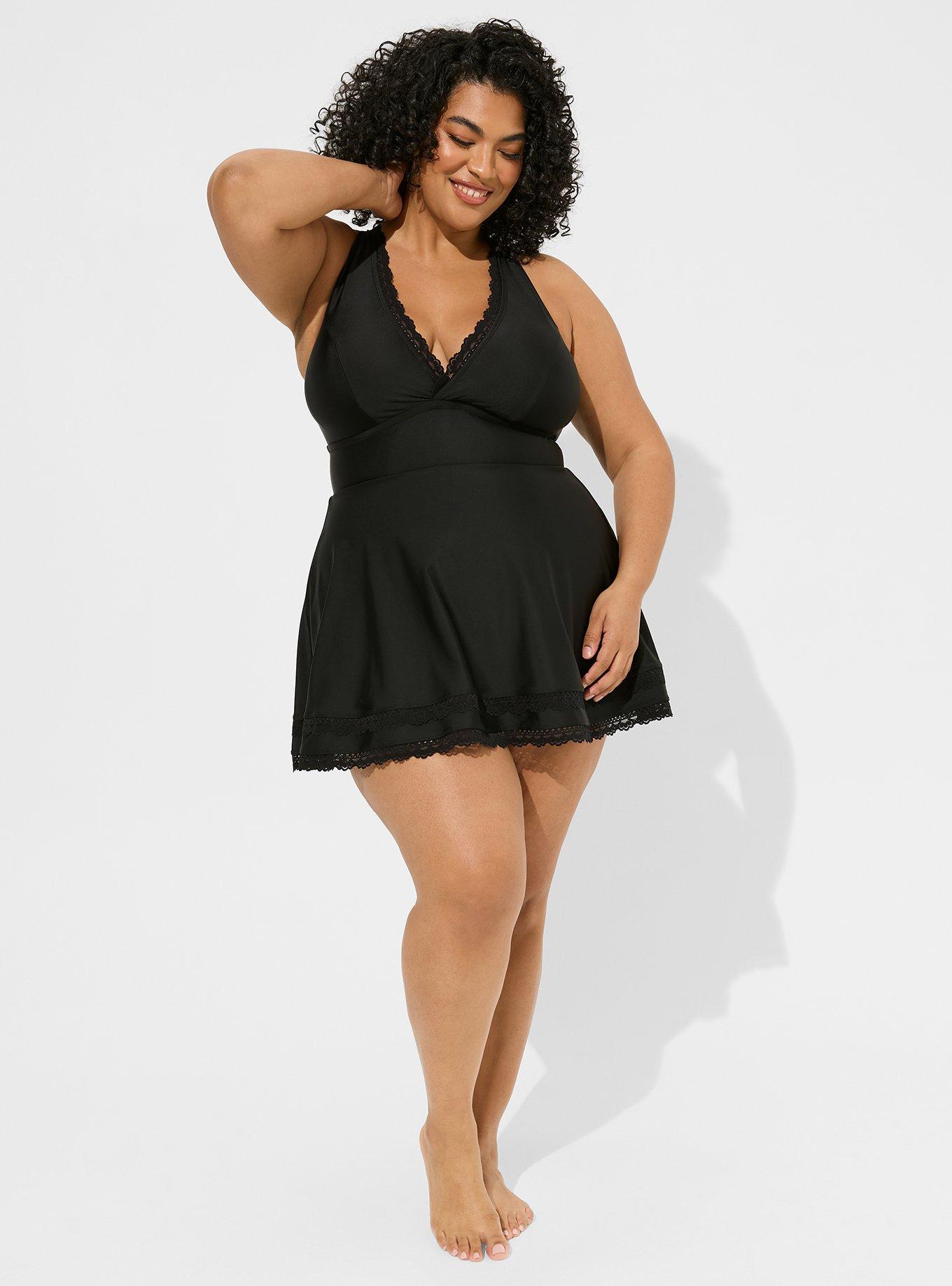 Plus Size - Wireless Mid Lace Trimmed Swim Dress With Brief - Torrid