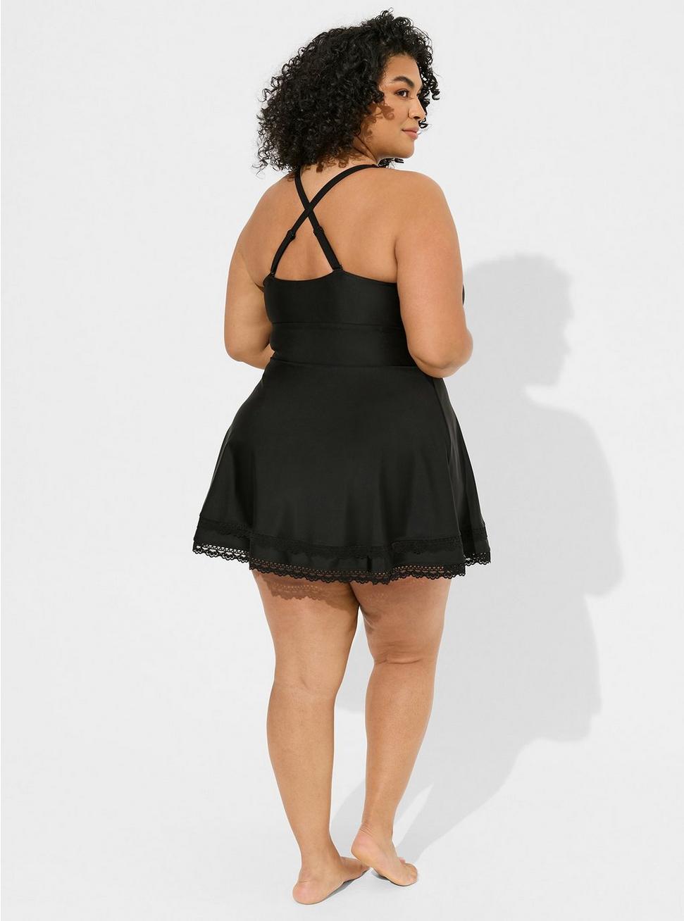 Wireless Mid Lace Trimmed Swim Dress With Brief, DEEP BLACK, alternate