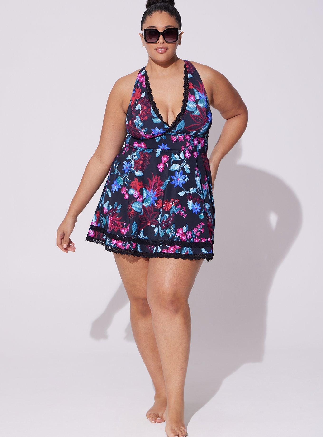 Plus Size - Wireless Mid Lace Trimmed Swim Dress With Brief - Torrid