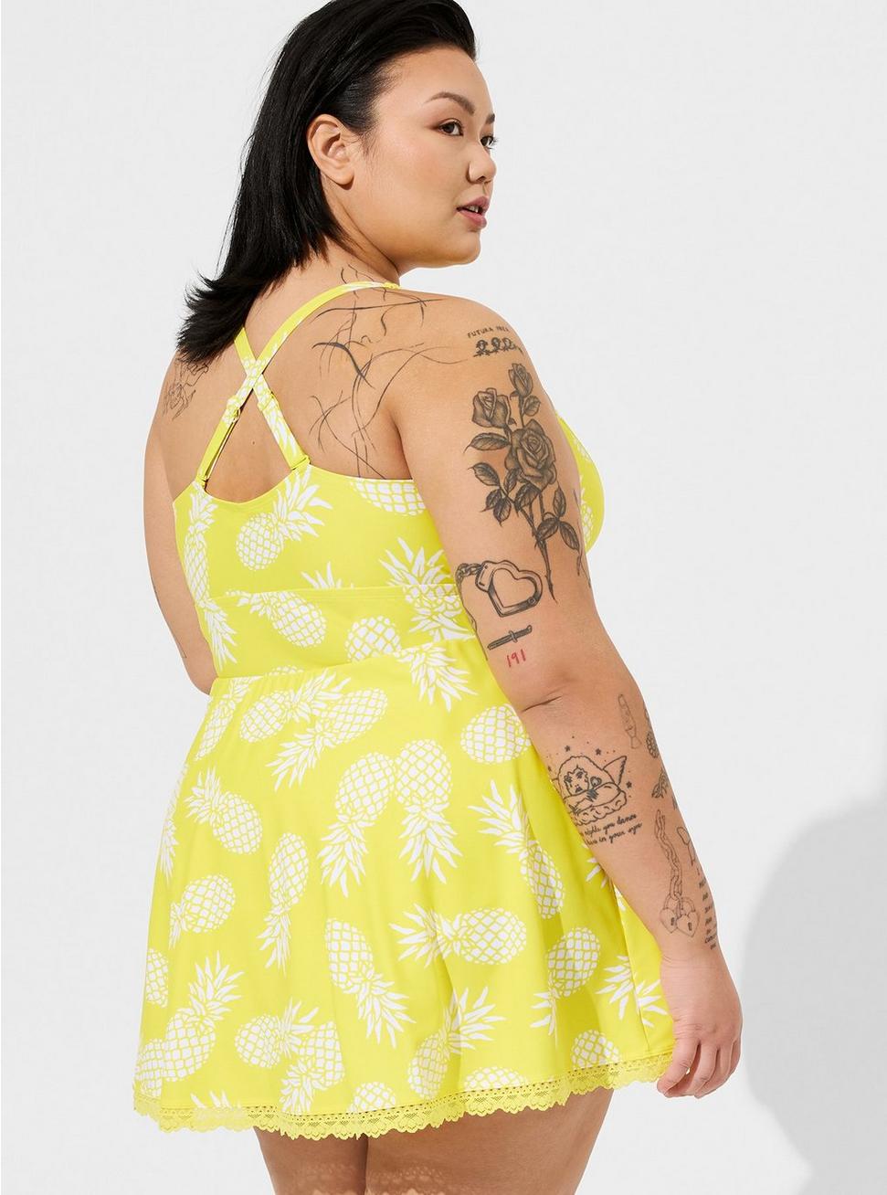 Wireless Mid Lace Trimmed Swim Dress With Brief, GRAPHIC PINEAPPLE, alternate