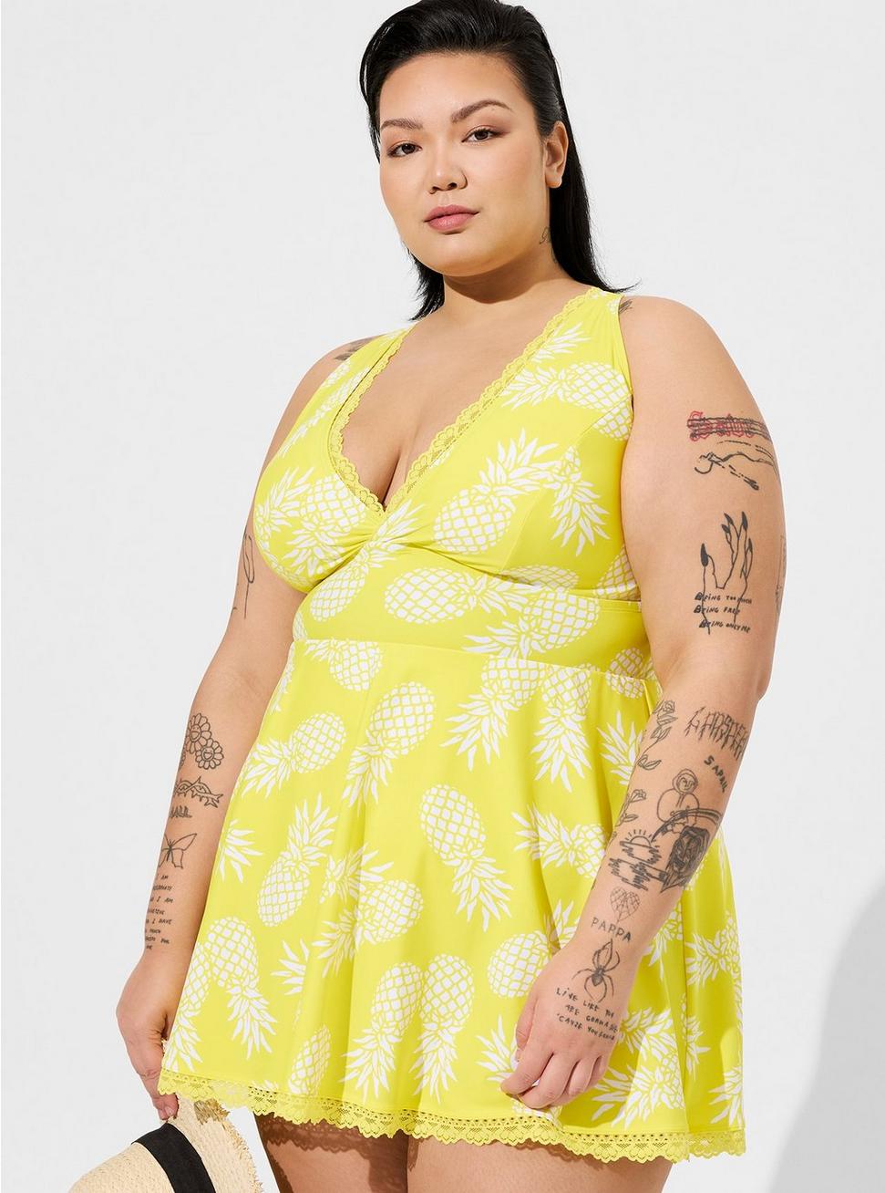 Wireless Mid Lace Trimmed Swim Dress With Brief, GRAPHIC PINEAPPLE, hi-res