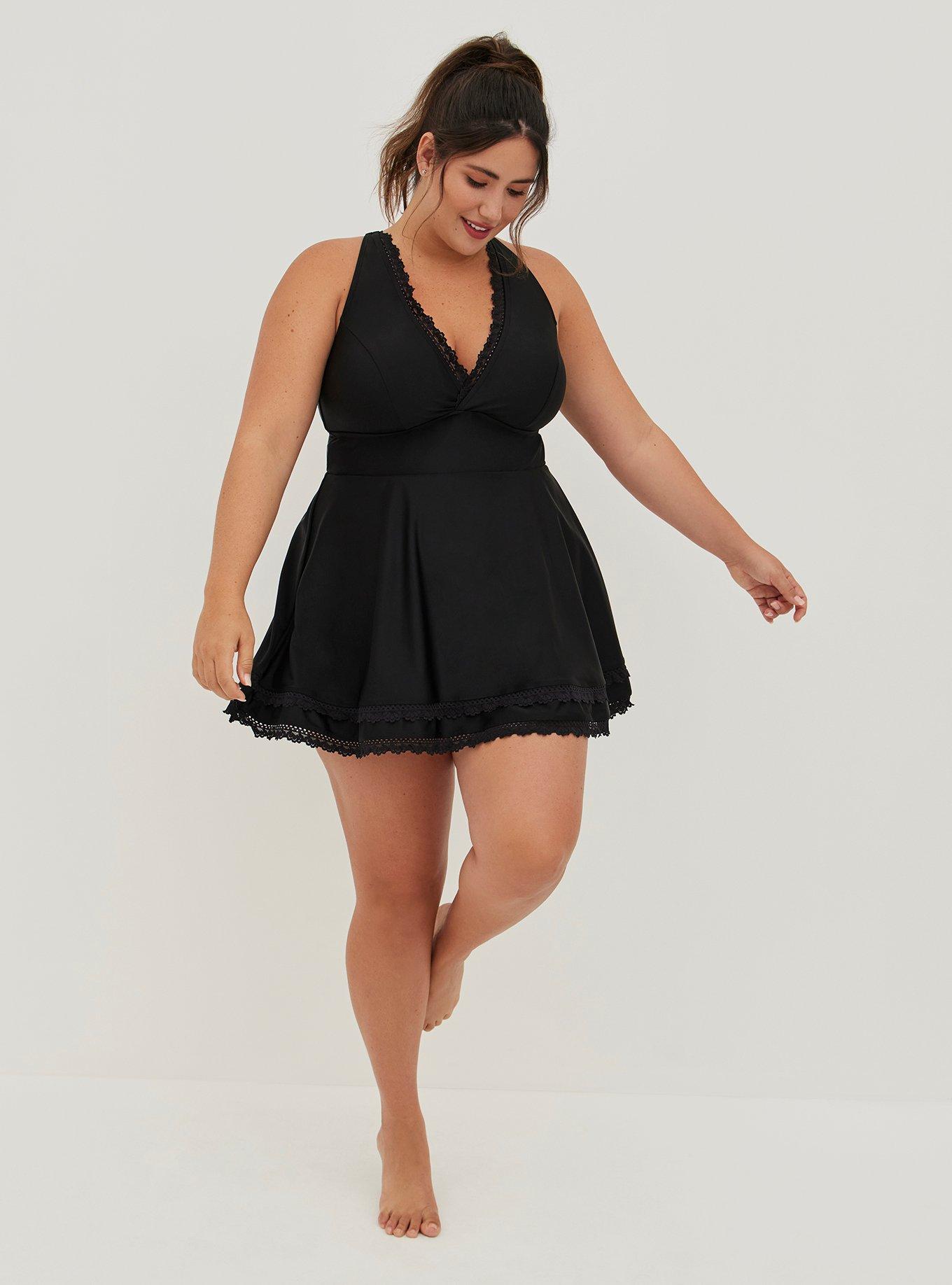 Plus Size - Active Swim Dress with Shorts Underneath - Matte Black - Torrid