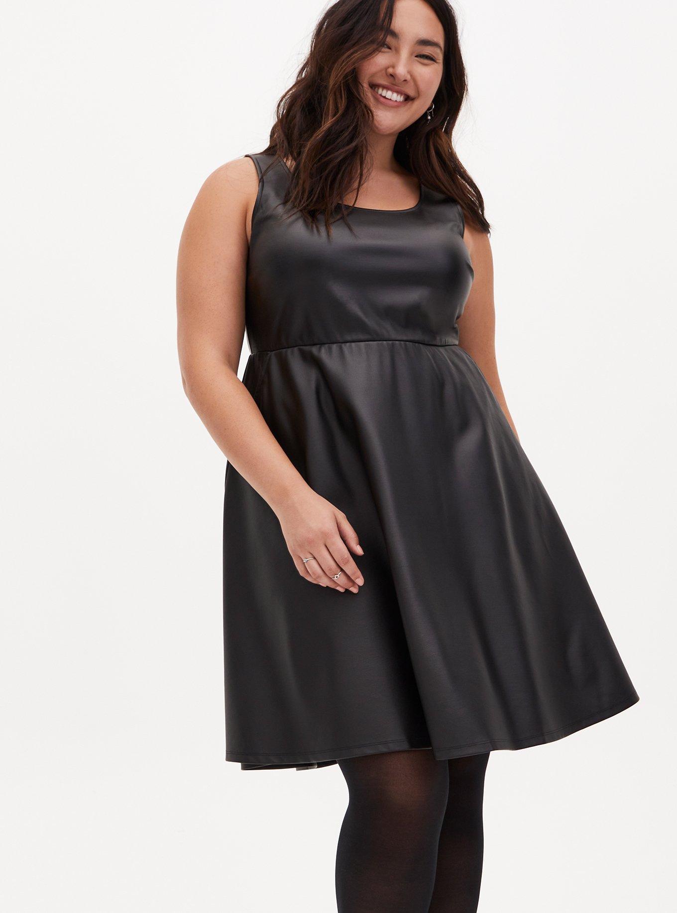 Black Faux Leather Skater Dress, , hi-res