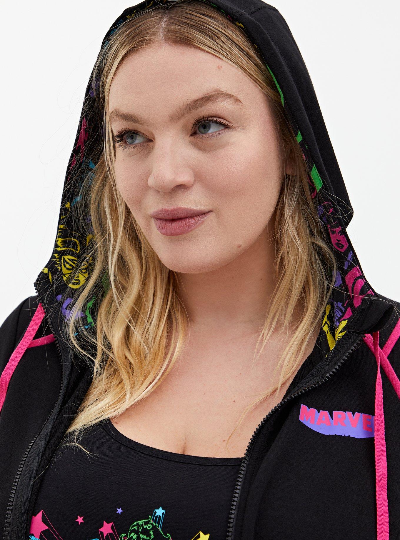 Plus Size  Marvel Women Black & Neon Pink Active Zip Hoodie, DEEP BLACK, alternate