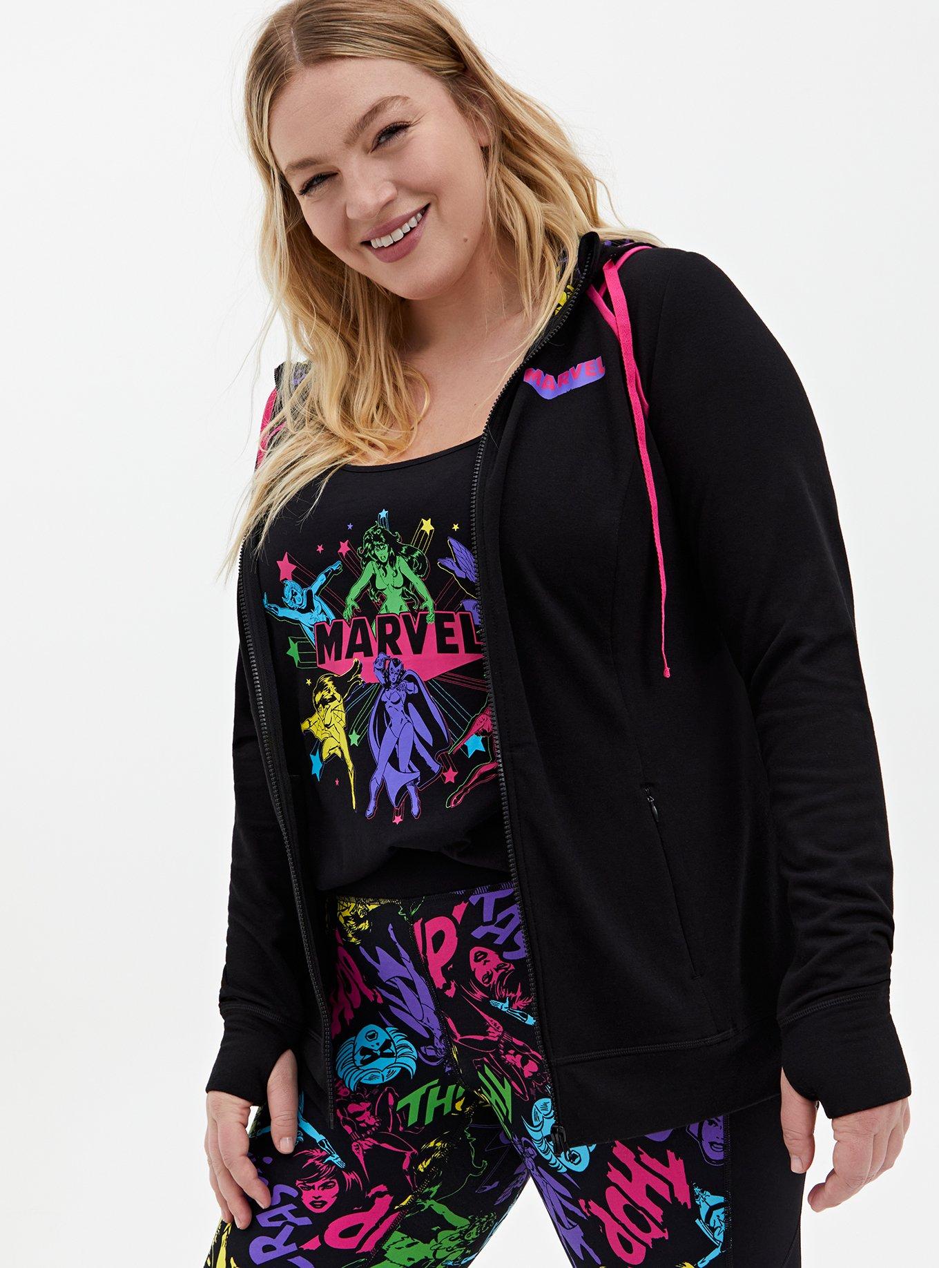 Plus Size Marvel Women Black Neon Pink Active Zip Hoodie Torrid