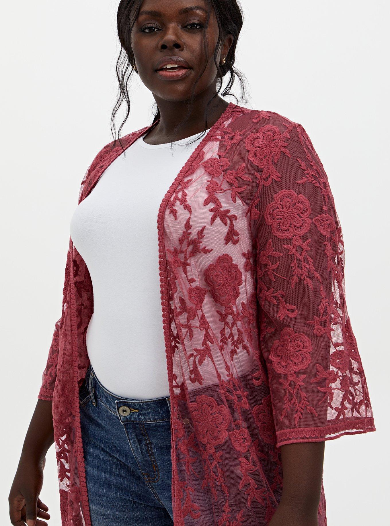 Dusty Red Mesh Crochet Trim Longline Kimono, ANTIQUE RED, alternate