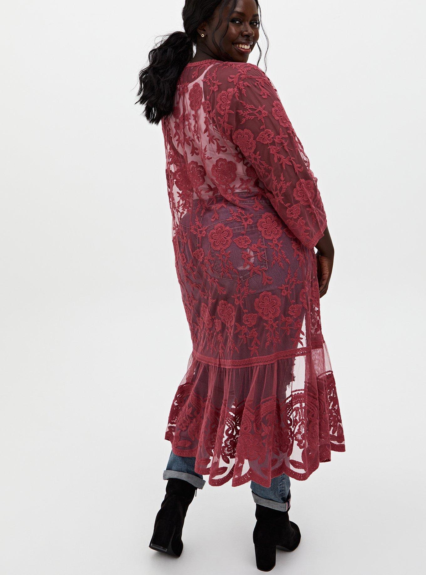 Dusty Red Mesh Crochet Trim Longline Kimono, ANTIQUE RED, alternate
