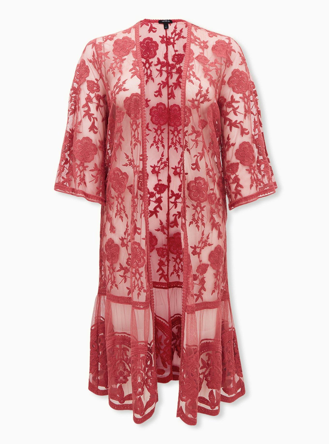 Dusty Red Mesh Crochet Trim Longline Kimono, , hi-res