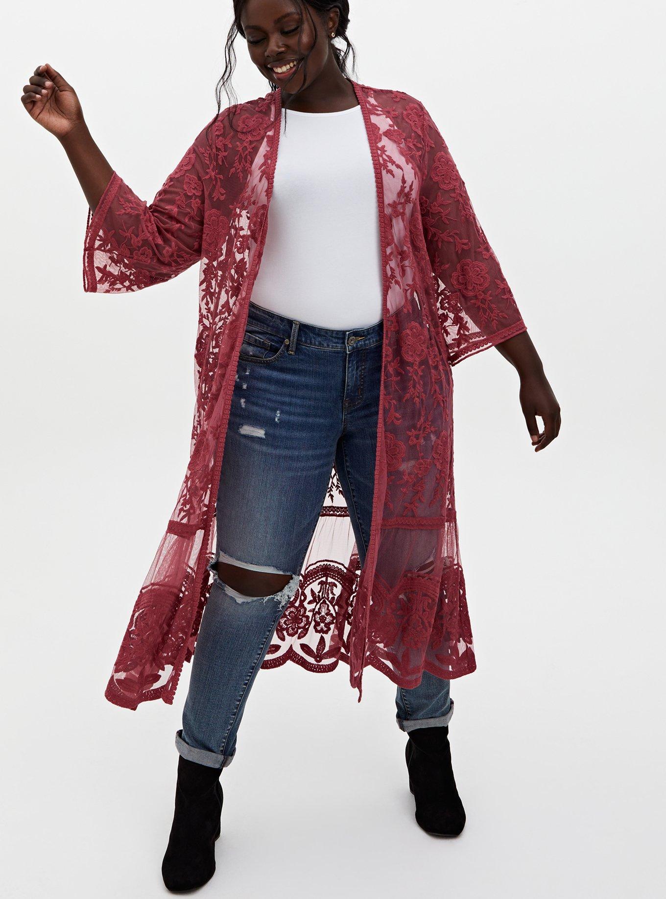 Dusty Red Mesh Crochet Trim Longline Kimono, , hi-res