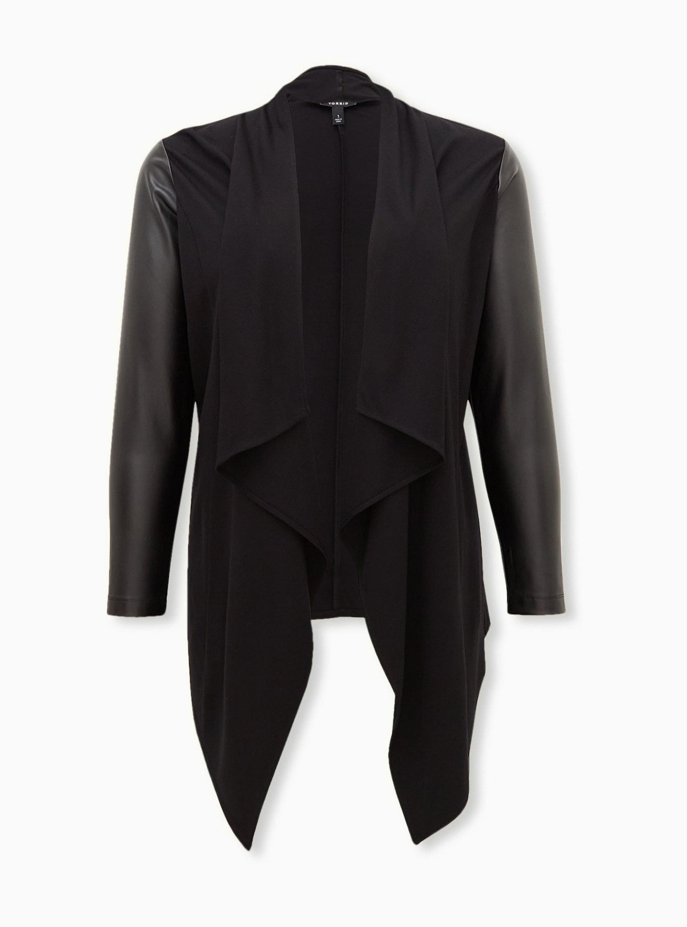 Plus Size - Black Ponte & Faux Leather Drape Front Kimono - Torrid