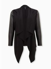 Black Ponte & Faux Leather Drape Front Kimono, DEEP BLACK, hi-res