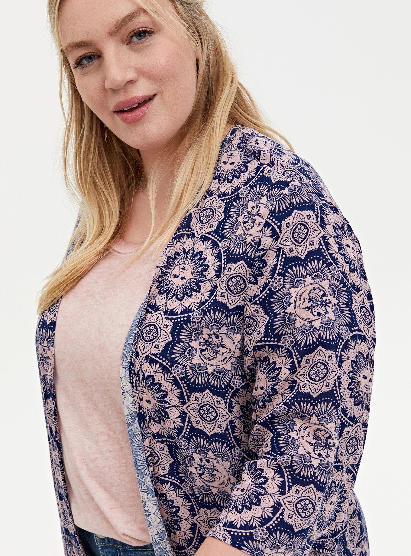 Plus Size Navy & Light Pink Medallion Crepe Hi-Lo Kimono, MEDALLION BLUE, alternate