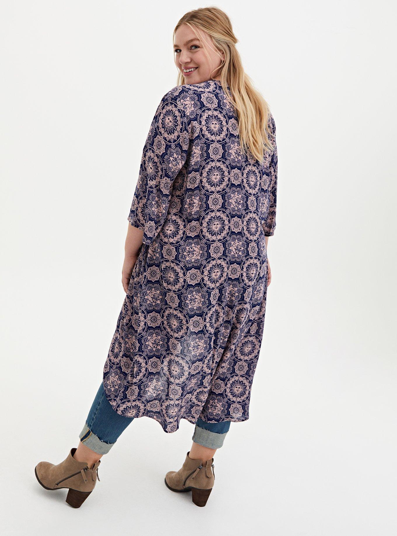 Plus Size Navy & Light Pink Medallion Crepe Hi-Lo Kimono, MEDALLION BLUE, alternate