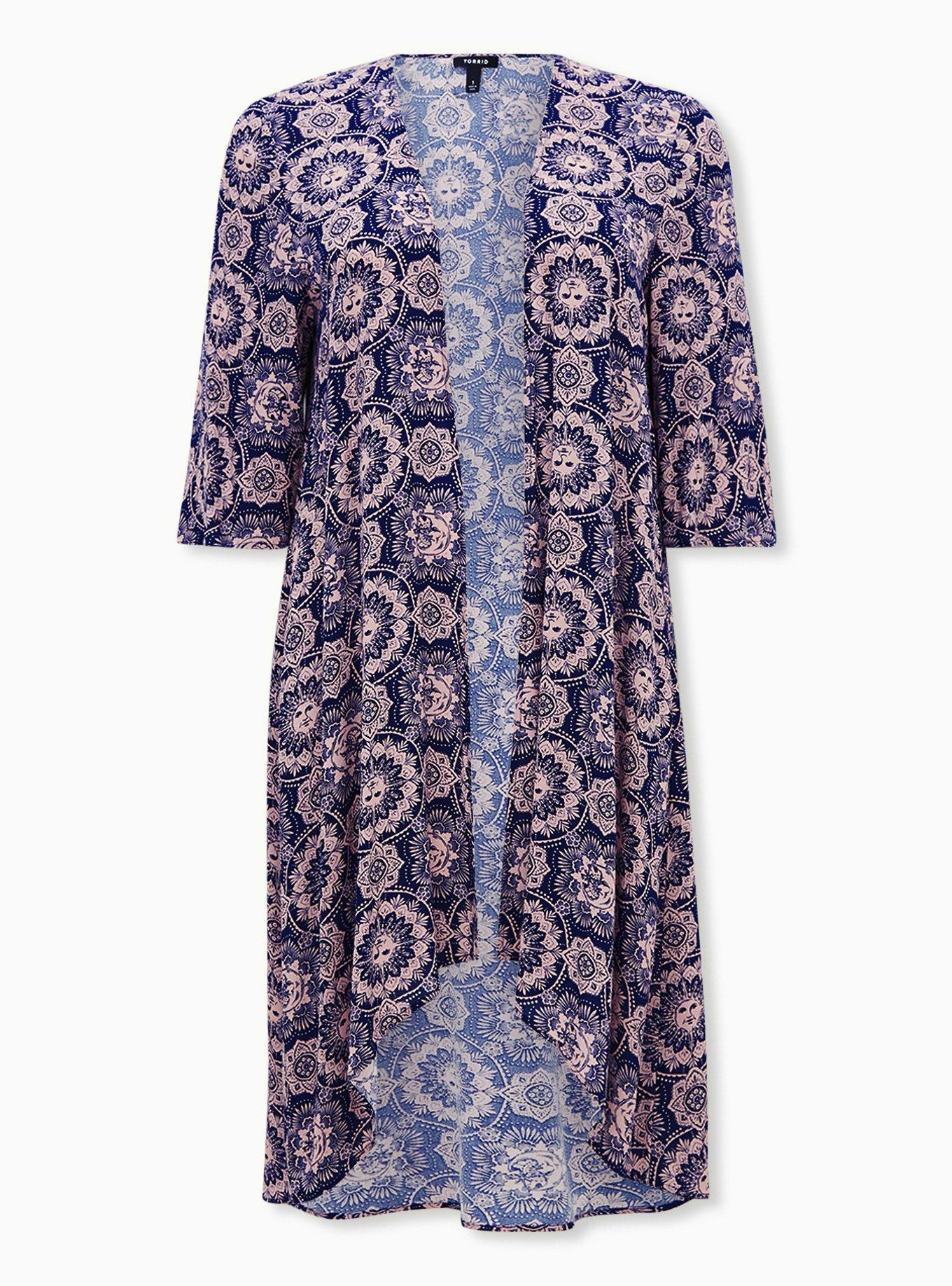 Plus Size Navy & Light Pink Medallion Crepe Hi-Lo Kimono, MEDALLION BLUE, hi-res