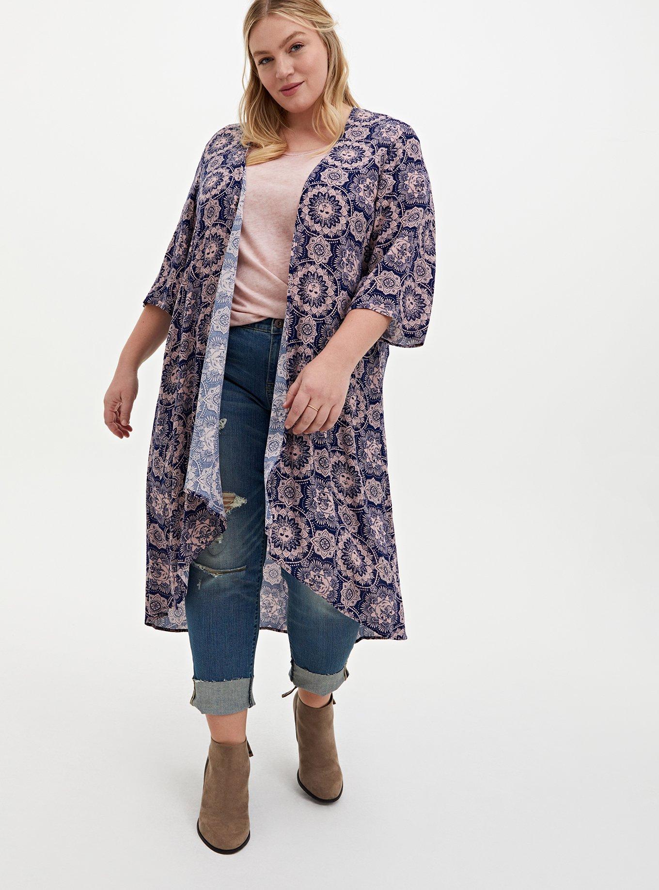 Plus Size Navy & Light Pink Medallion Crepe Hi-Lo Kimono, MEDALLION BLUE, hi-res