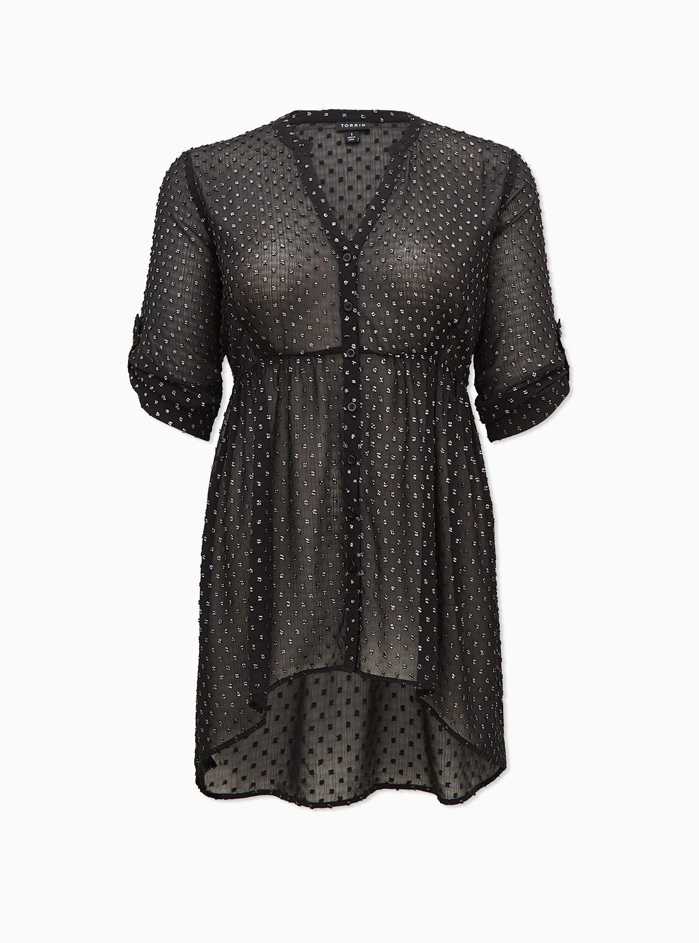 Lexie Babydoll Chiffon Metallic Clip Dot Tunic Blouse, DEEP BLACK, hi-res