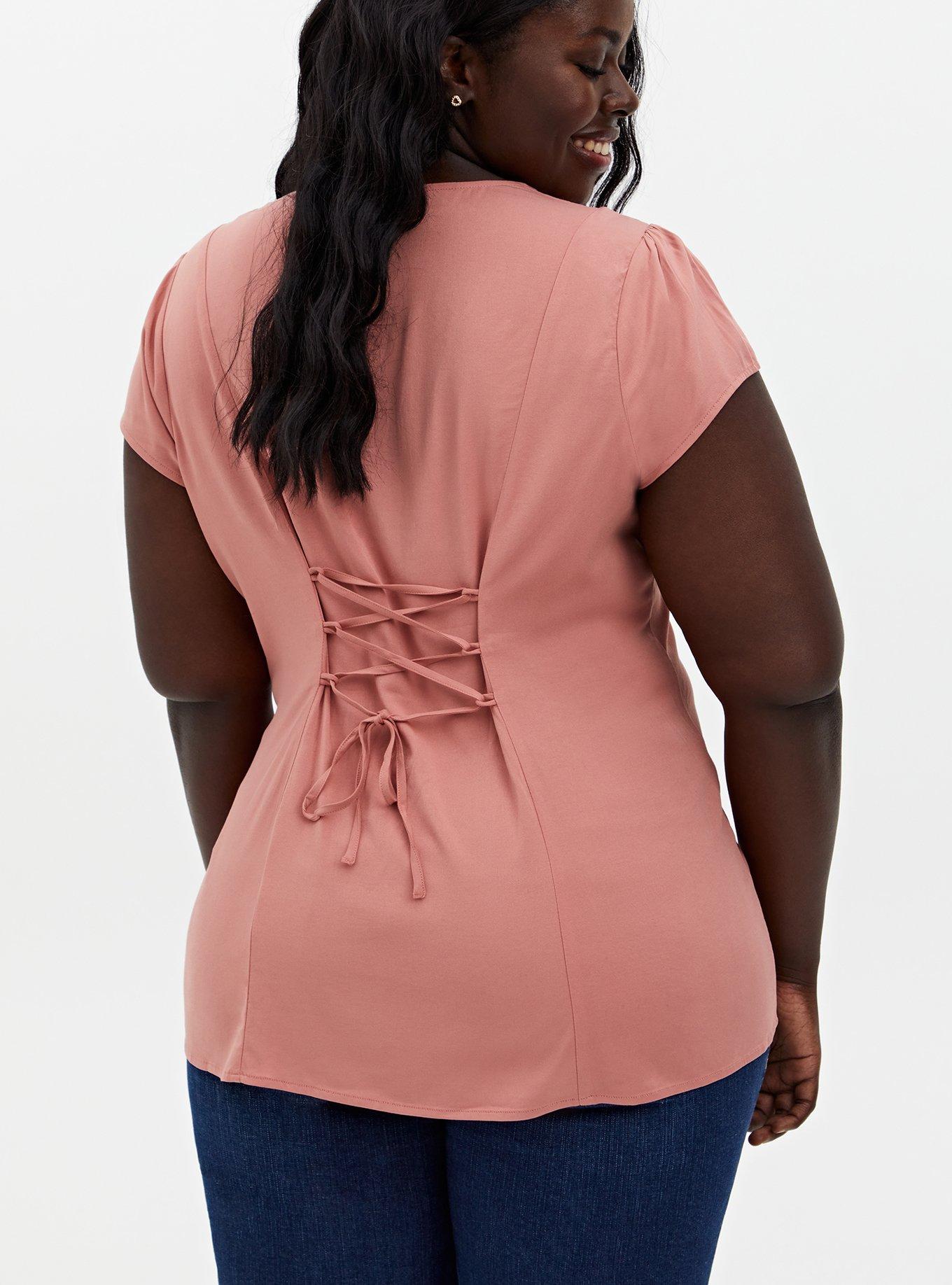Stretch Challis Lace-Up Back Top, DESERT SAND, hi-res