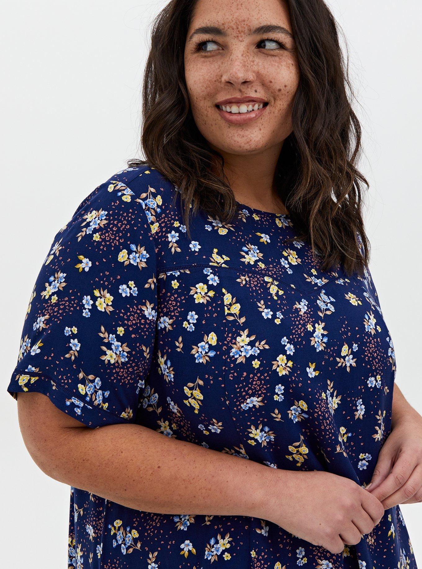 Plus Size - Navy Leopard Floral Challis Mini Trapeze Dress - Torrid