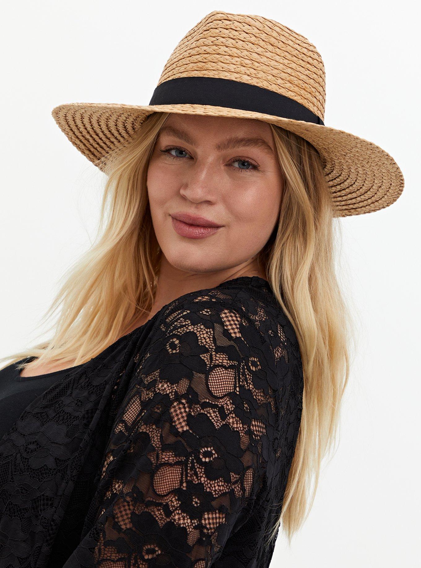 Beige Straw Faux Leather Trim Fedora Hat , BEIGE, hi-res