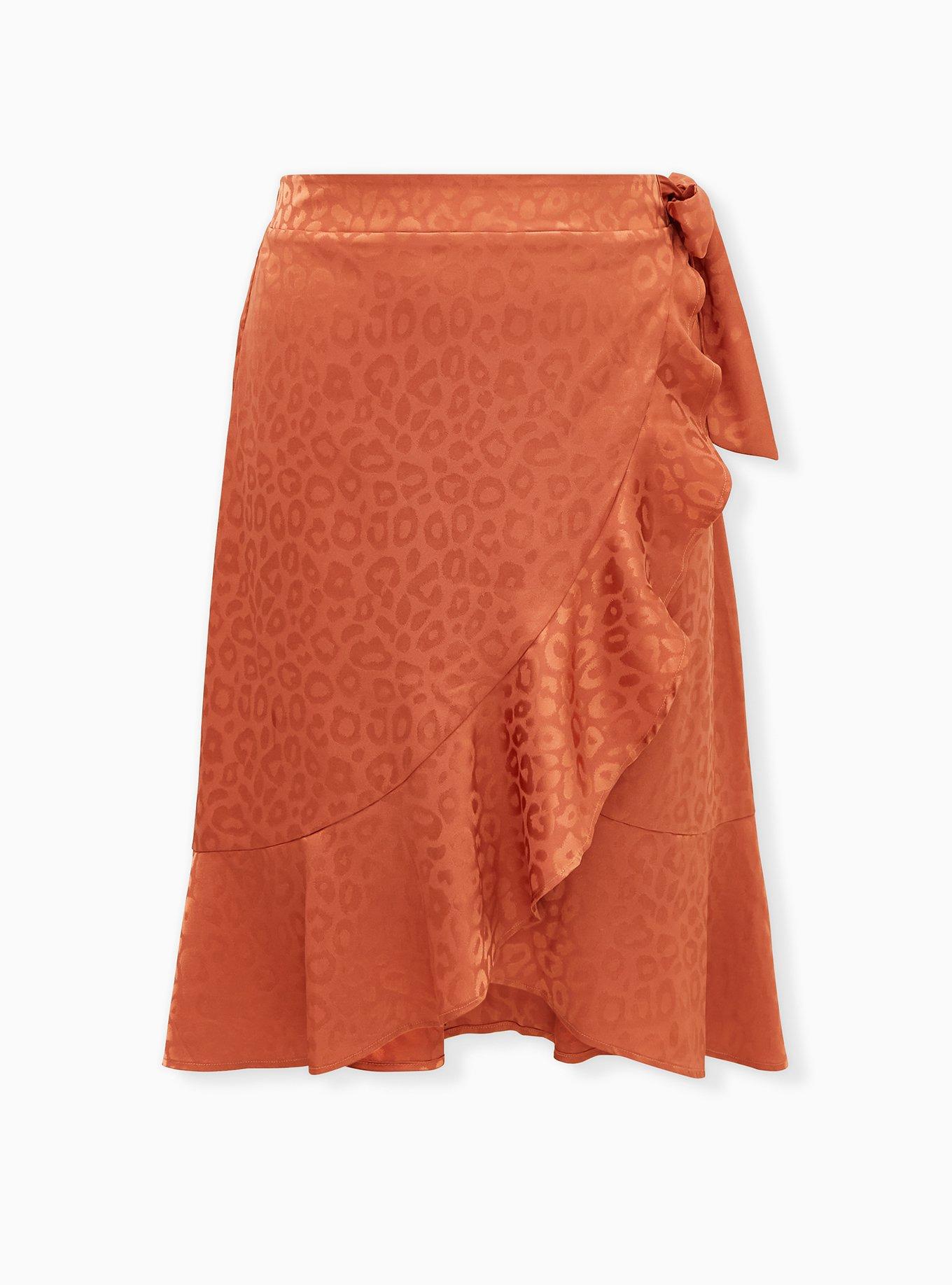Plus Size Copper Leopard Jacquard Ruffle Wrap Midi Skirt , , hi-res