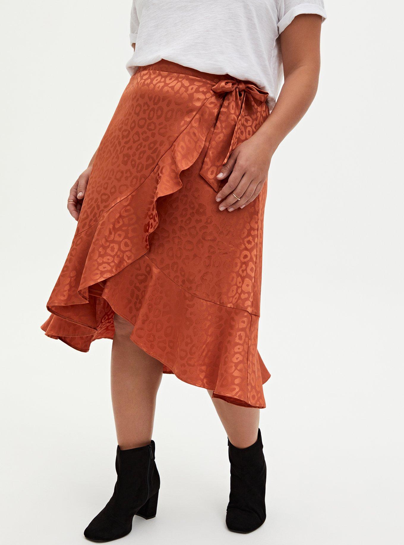 Plus Size Copper Leopard Jacquard Ruffle Wrap Midi Skirt , , hi-res