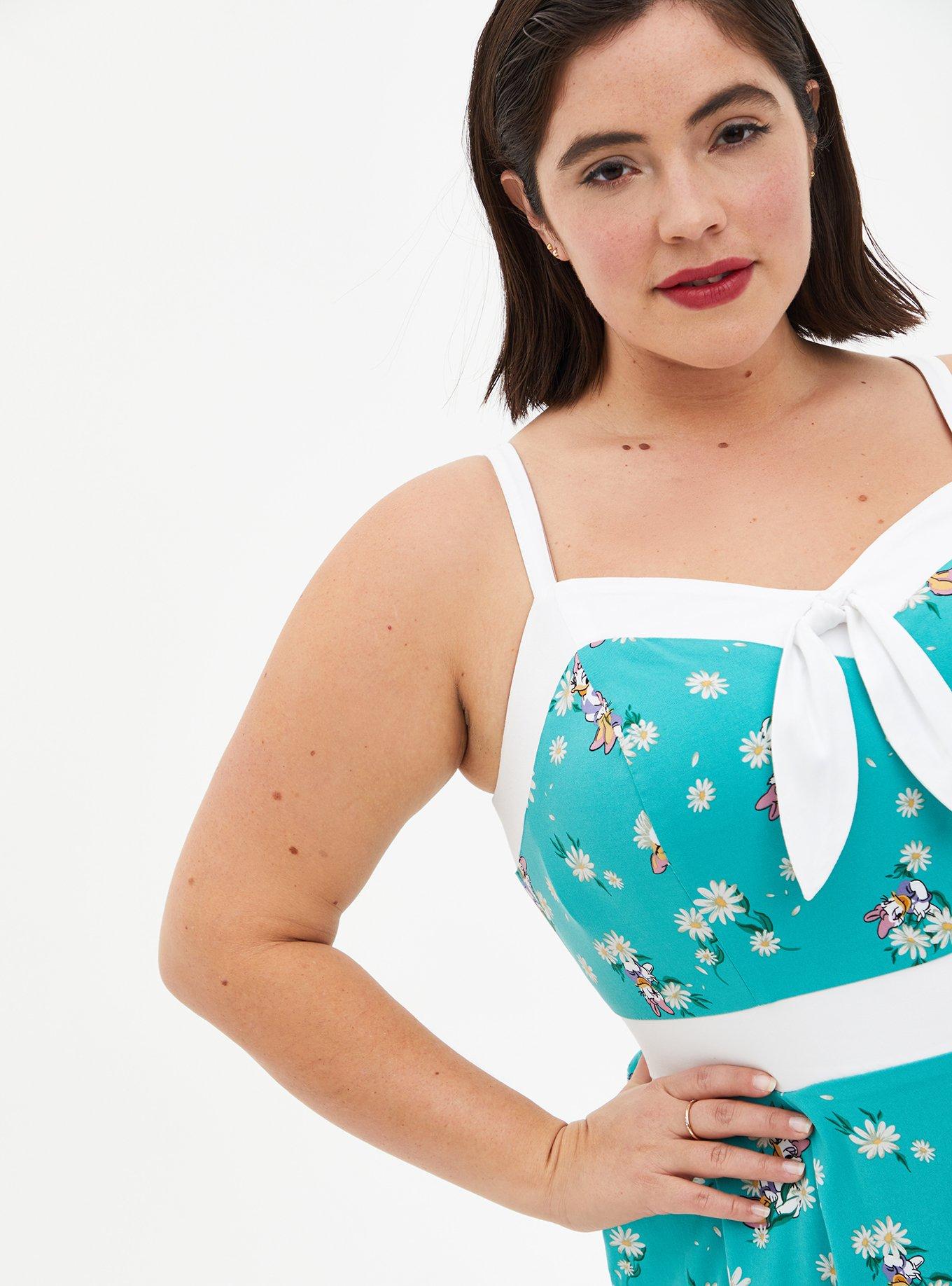 Plus Size Disney Daisy Turquoise Retro Front-Tie Romper, TEAL, alternate