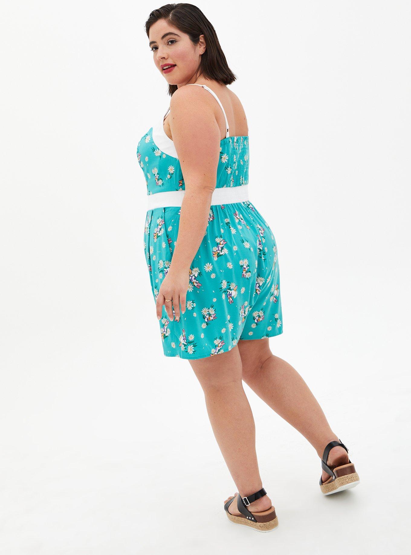 Plus Size Disney Daisy Turquoise Retro Front-Tie Romper, TEAL, alternate