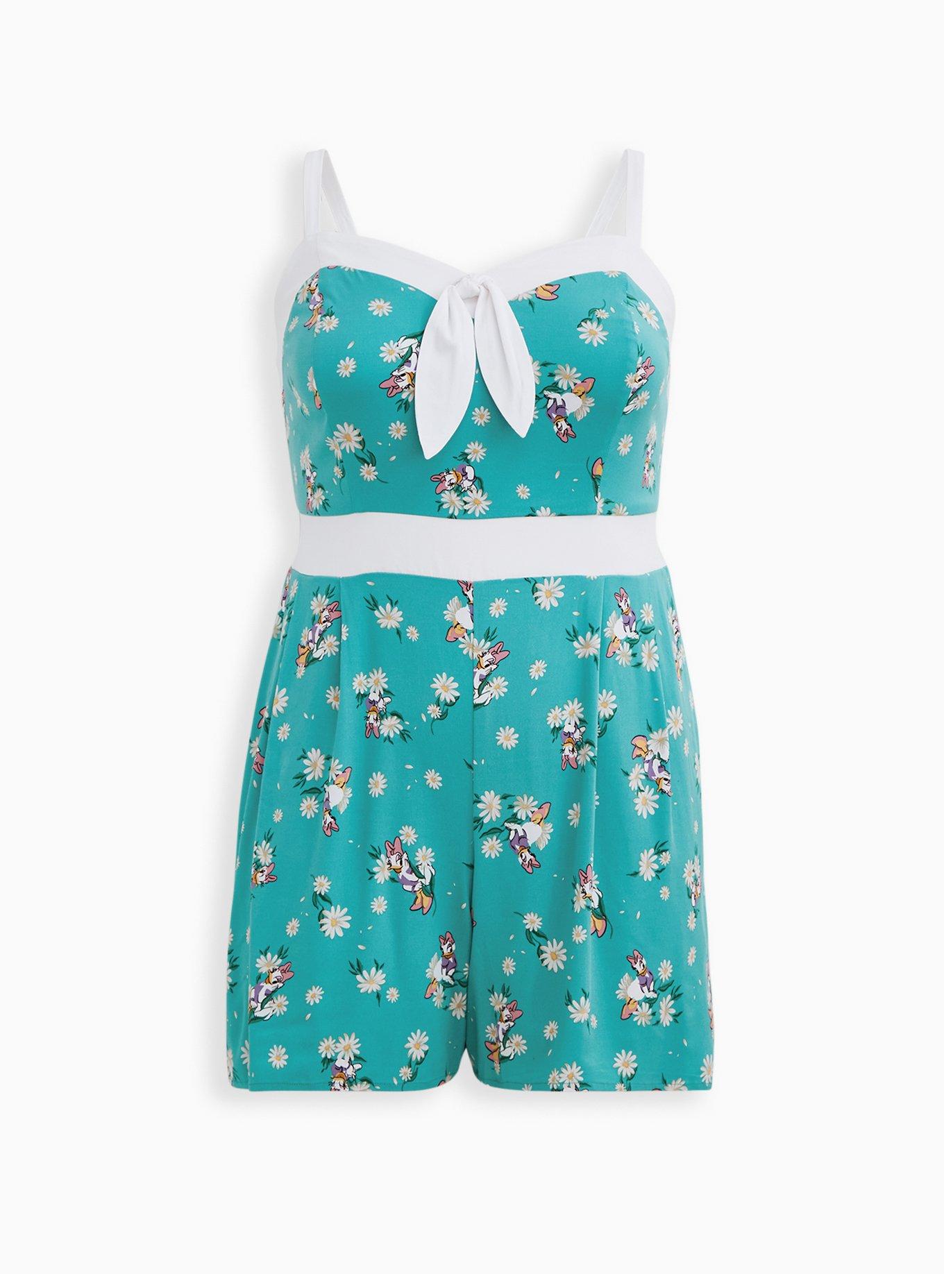 Plus Size Disney Daisy Turquoise Retro Front-Tie Romper, TEAL, hi-res