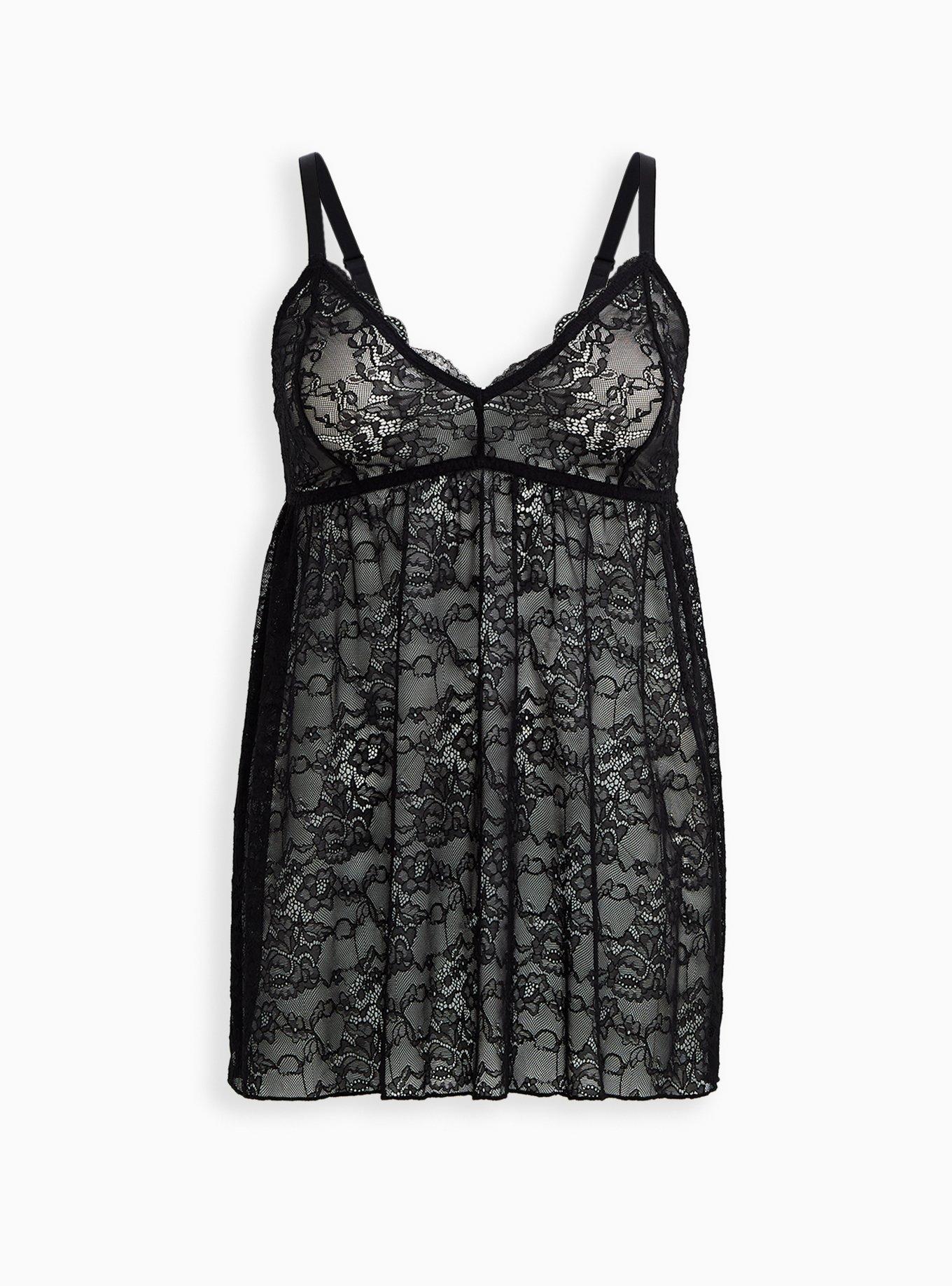 Plus Size Black Lace V-Neck Babydoll, , hi-res