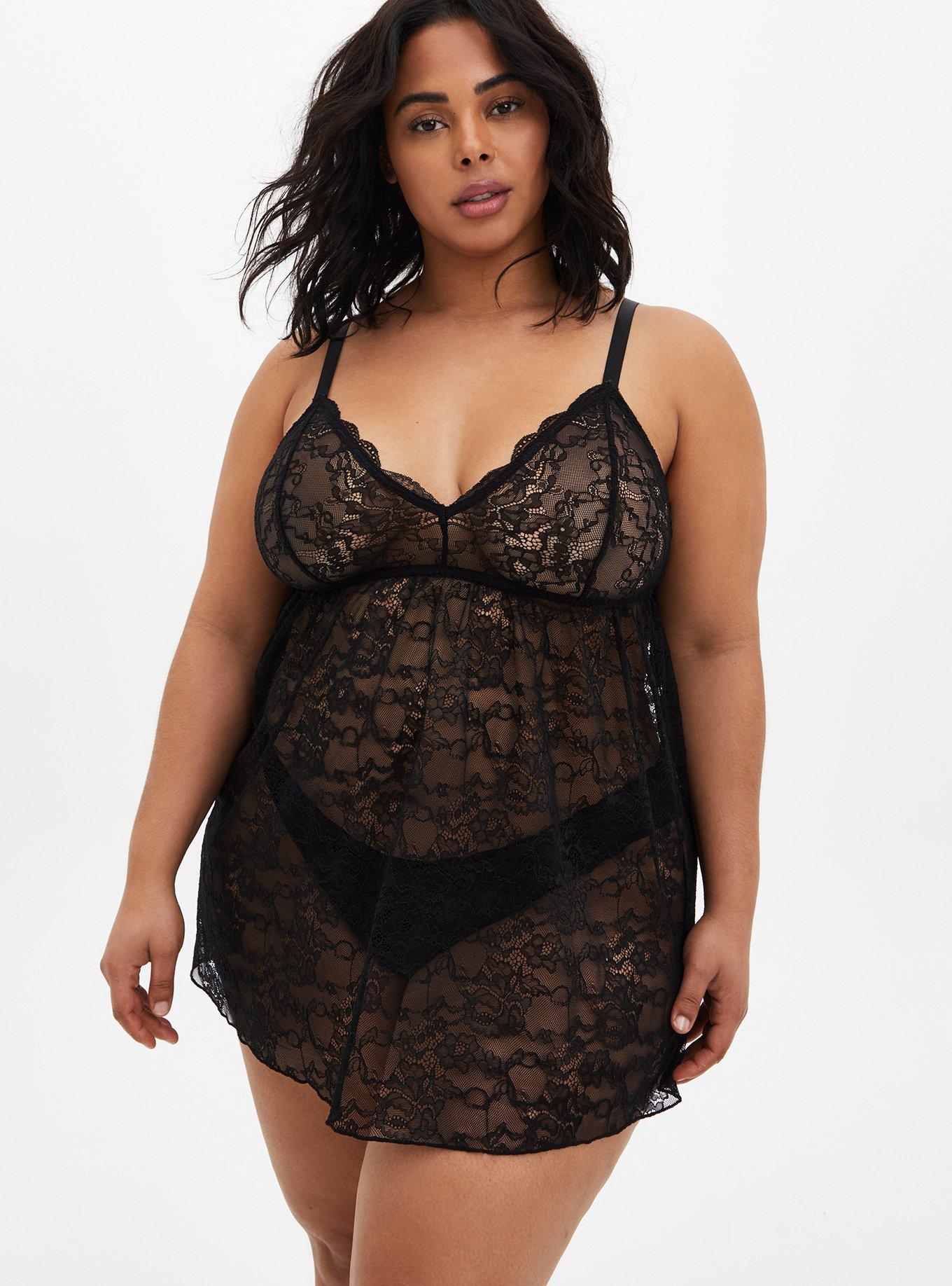 Plus Size Black Lace V-Neck Babydoll, , hi-res