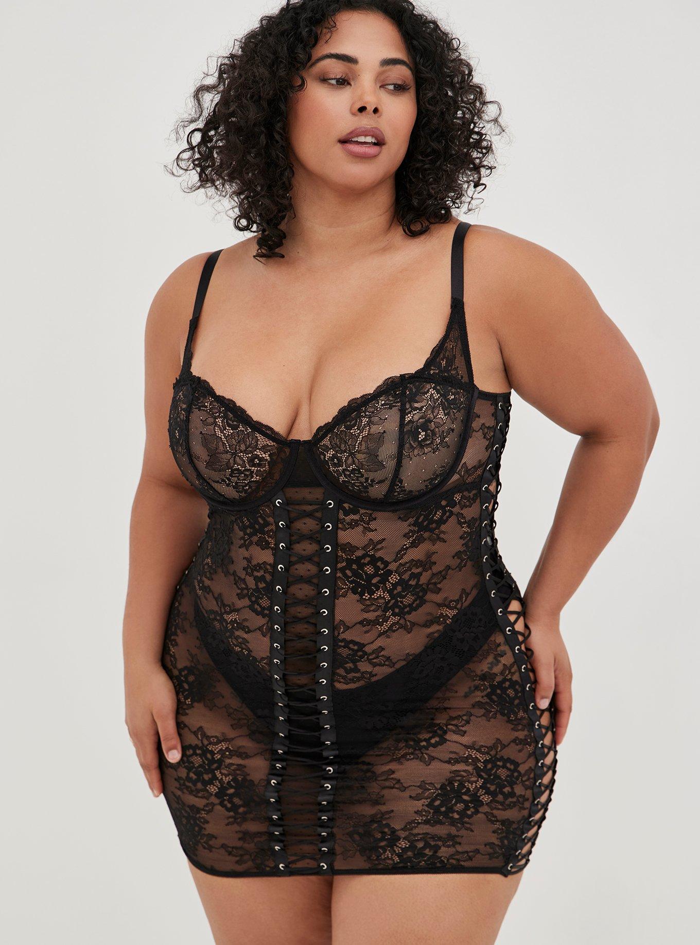 Plus Size Laced Up Lace Chemise, , hi-res
