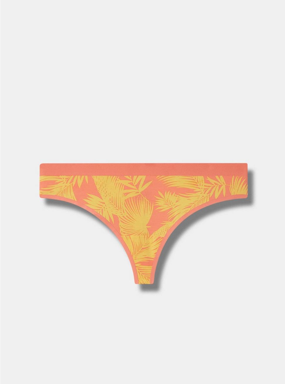 Plus Size Cotton Mid-Rise Thong Panty, SHADED PALMS CORAL, hi-res