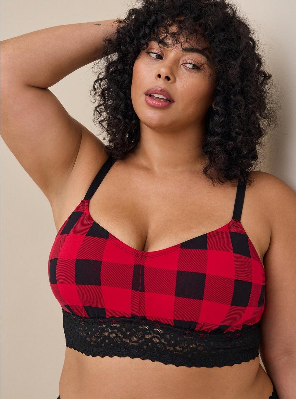 Plus Size Lightly Lined Cotton Lace Hem Bralette, TRADITIONAL BUFFALO RED, hi-res