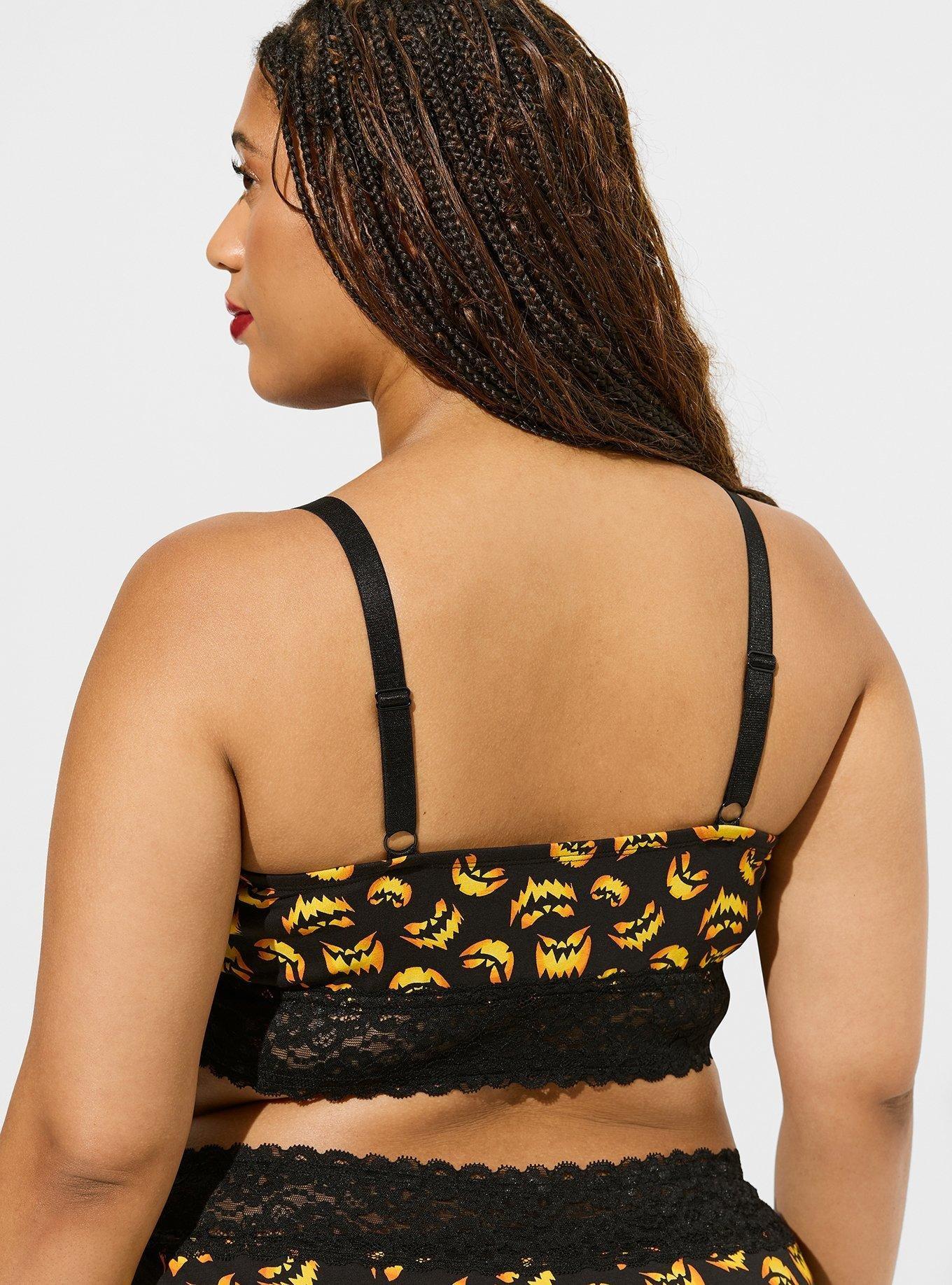 Lightly Lined Cotton Lace Hem Bralette, JACKOLANTERN FACES BLACK, alternate